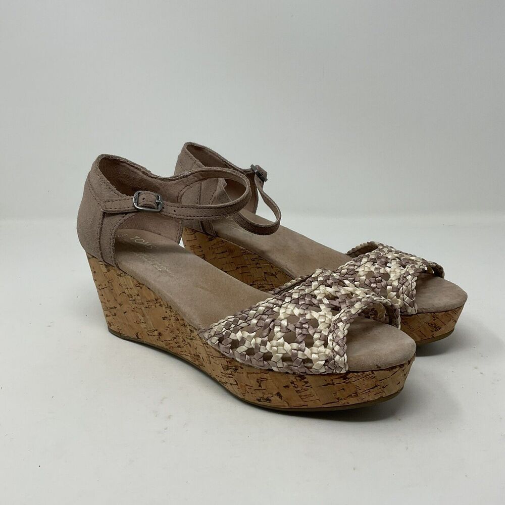 Toms Wedge Sandals‎ 7.5 Beige Tan Strappy Open Toe Shoes Ankle Strap Cork Heel